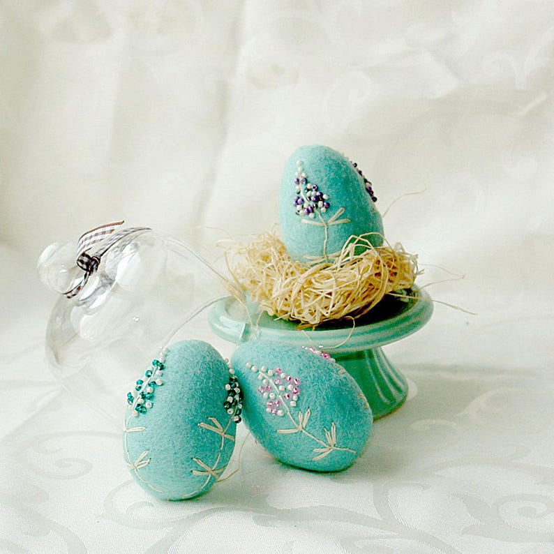 Easter eggs, Hand Felted Easter decoration, Pastel Mint Easter eggs, Embroidered Eggs, Photoshoot Decoration, Baby Shower Gift, Easter Table image 3