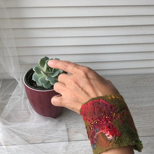 Hand felted and embroidered cuff- bracelet, felt  wrist warmer, wool bracelet. Gift for her