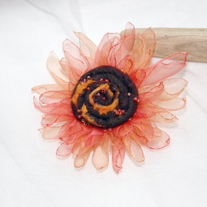 Felted and organza flower brooch, Sunflower dream, orange copper and brown, felt sunflower pin, wedding decor image 2