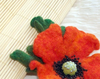 Flower Brooch, Wild poppy sing,  Felt red with orange poppy pin, Red poppy brooch,  hat decoration, women accessory