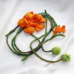 Felt Marigold, Felted orange green belt, neckalce, marigold brooch, orange brooch, felt string belt, made to order image 3