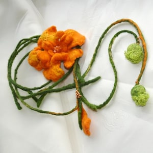 Felt Marigold, Felted orange green belt, neckalce, marigold brooch, orange brooch, felt string belt, made to order image 4