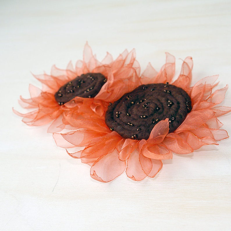 Felted and organza flower brooch, Sunflower dream, orange copper and brown, felt sunflower pin, wedding decor image 5