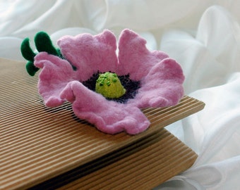 Poppy Flower Brooch - Wild poppy sing, Felted  Purple Poppy Brooch, Flower Pin, Lilac Poppy