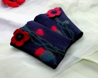 Felt Wrist Warmers- Red poppy sing, Hand Felted Wristlets, Fingerless Gloves, Cuffs, Black with Red Poppies, made to order