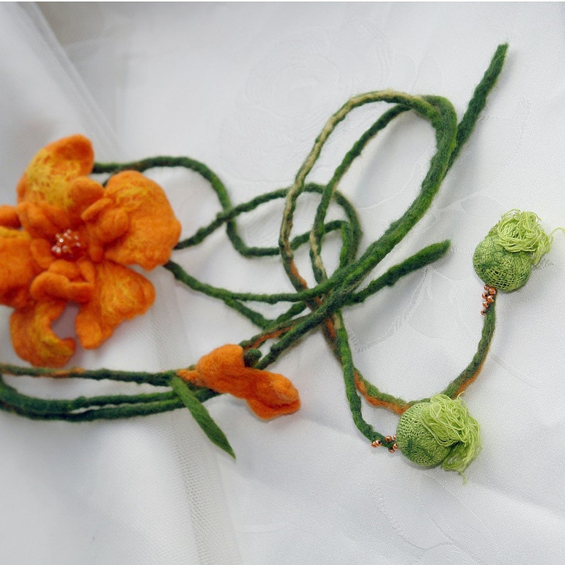 Felt Marigold, Felted orange green belt, neckalce, marigold brooch, orange brooch, felt string belt, made to order image 5