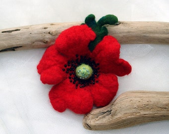 Red poppy sing Felt flower, Hand Felted Wool Flower Brooch, Felt red poppy pin, red brooch