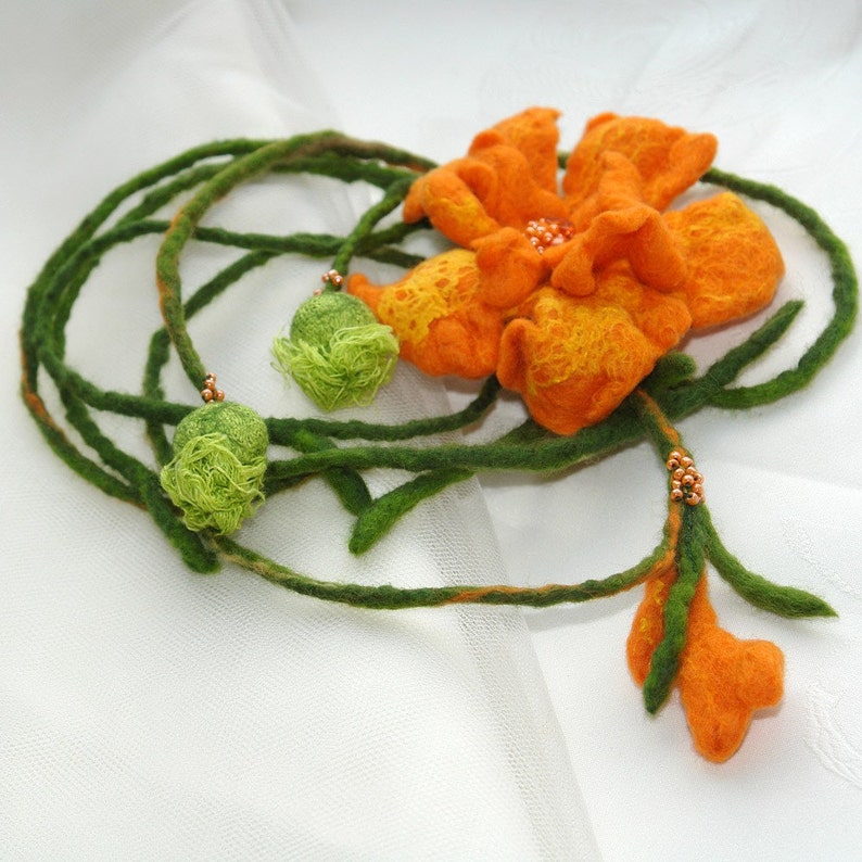 Felt Marigold, Felted orange green belt, neckalce, marigold brooch, orange brooch, felt string belt, made to order image 2