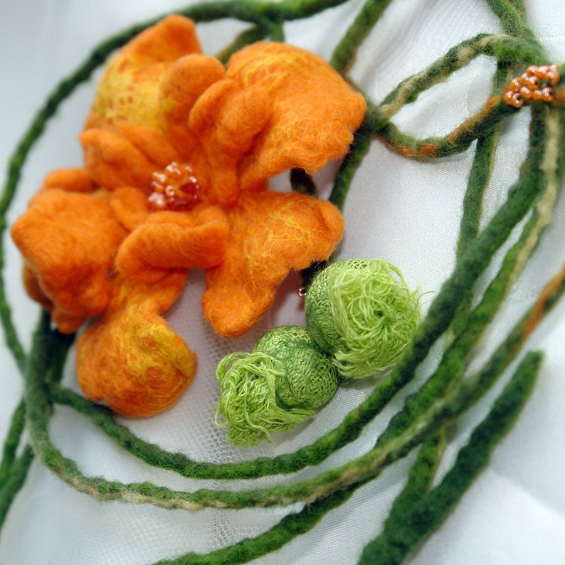 Felt Marigold, Felted orange green belt, neckalce, marigold brooch, orange brooch, felt string belt, made to order image 1