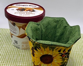 Reversible Sunflowers Pint Size Ice Cream Cozy, Holder for Cold or Hot Cups, Microwavable