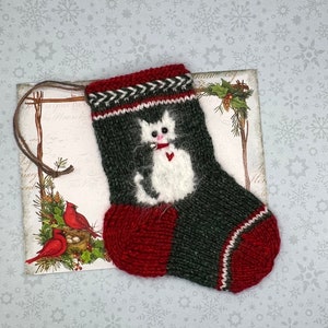 Hand Knit Mini Kitten Stocking Ornament, Gift Card Holder, Ready to Ship