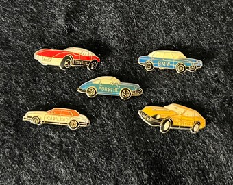 Lot of 5 Vintage Car Lapel Pins, Enamel Pins, Car Tie Tack, Porsche, Datsun 200, BMW, Cadillac, Pontiac, Collectible Pins, Metal Pins, 1980s