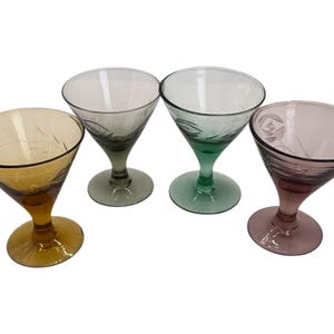 Vintage Cordial, Aperitif Etched  Mulit-Colored Glasses, Lot of 4