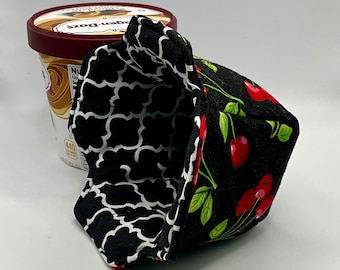 Reversible Cherries Print Pint Size Ice Cream Cozy, Holder for Cold or Hot Cups, Microwavable Mac and Cheese Cozy