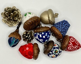 Set of Fabric Acorns With Real Acorn Caps, Red, White and Blue, Handmade Patriotic Americana Decor, Bowl Filler, July 4th Celebration