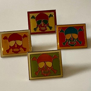Set of 4 Vintage Biker Skull Crossbones With Aviator Glasses Lapel Pins