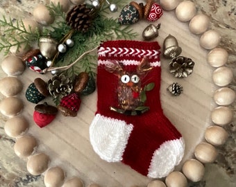 Owl Mini Christmas Stocking Ornament, Gift Card Holder, Hand Knit Ready to Ship
