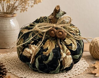 Handmade Floral Fabric Pumpkin: Farmhouse Fall Decor with Acorn Accent