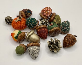 Rustic Fall Decor Bundle - 10 Fabric Acorns With Real Caps, 1 Mini Handknit Pumpkin and Gold Pine Cones & Acorn, Bowl Filler, Holiday Decor