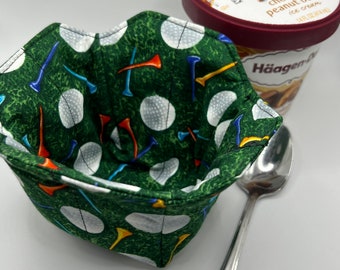 Golf Fabric Reversible Pint Size Ice Cream Cozy, Holder for Cold or Hot Cups, Microwavable