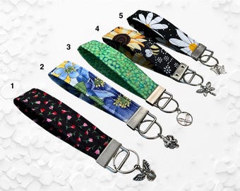 Fabric Keychain Wristlet Lanyard with Charm, Key Fob