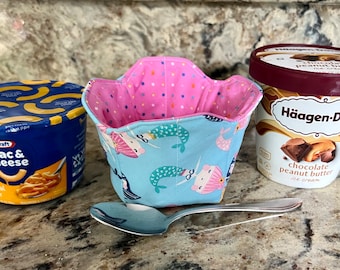 Mermaids Print Kids Reversible Pint Size Ice Cream Cozy, Holder for Cold or Hot Cups, Microwavable