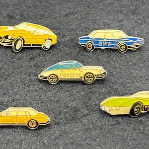 5 Vintage Car Lapel Pins, Enamel Pins, Car Tie Tack, Porsche, Datsun 200, Cadillac, Pontiac, BMW Collectible Pins, Metal Pins, 1980s