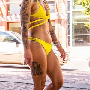 4 strap Triangle Bikini Top and strappy full back bikini bottoms
