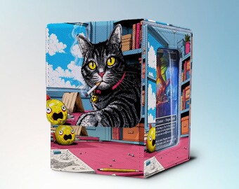 MTG Deck Box with Commander Display, Holds 100+ Sleeved Cards, Smoking Cat, PU Leather