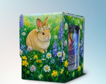 MTG Deck Box with Commander Display, Holds 100+ Sleeved Cards, Floral Bunny, PU Leather