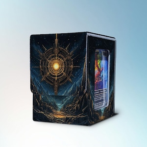 May include: A rectangular deck box for trading cards featuring a dark blue and gold celestial design with a central glowing star motif. The front flap displays a landscape of jagged mountains, and a clear window on the side reveals a game card.