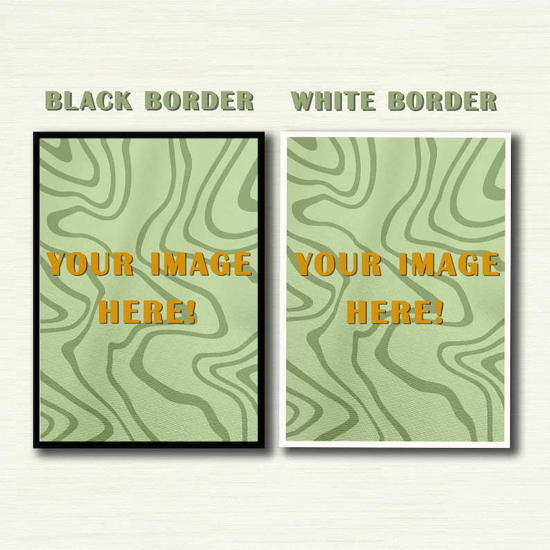 Op de afbeelding: Twee afdrukbare kunstprints met een groen abstract swirl-patroon. De tekst "YOUR IMAGE HERE!" staat in het midden van elke print. E&eacute;n print heeft een zwarte rand en de andere een witte rand.
