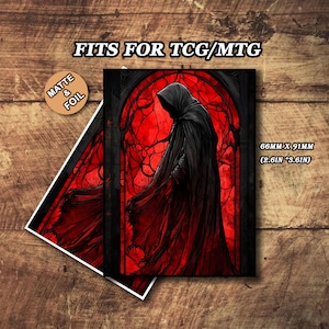 May include: Card sleeves with a gothic illustration of a robed figure against a red stained-glass background. The sleeves are 2.6 inches by 3.6 inches and are matte and foil. Text on the image reads "FITS FOR TCG/MTG".