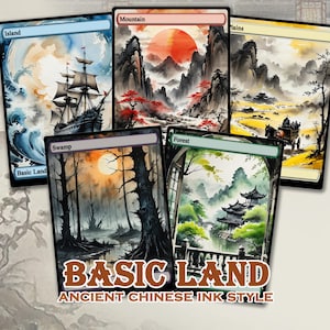 Basic Lands-set van 50 - aangepaste kaarten Full Art, oude Chinese inktstijl, hoogwaardige Basic Land-proxy's