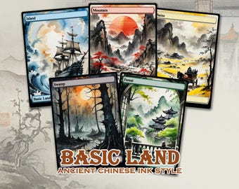 Basic Lands set van 50 - aangepaste kaarten Full Art, Chinese inkt Basic Land-proxy's
