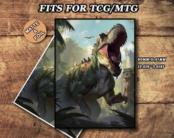 May include: A card featuring a detailed illustration of a Tyrannosaurus Rex in a jungle setting. The dinosaur is green and brown with an open mouth. The card measures 2.6 inches by 3.6 inches and is labeled "Fits for TCG/MTG".
