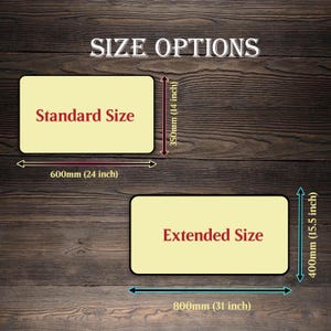 May include: Image showing size options for a product. The "Standard Size" is 24 inches long and 14 inches high. The "Extended Size" is 31 inches long and 15.5 inches high. Text reads "SIZE OPTIONS".