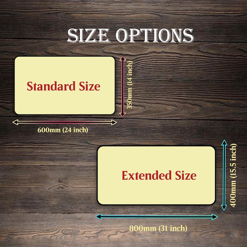 May include: Image showing size options for a product. The "Standard Size" is 24 inches long and 14 inches high. The "Extended Size" is 31 inches long and 15.5 inches high. Text reads "SIZE OPTIONS".