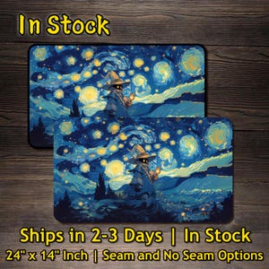 May include: Two rectangular mouse pads featuring a fantasy wizard in a starry night scene, with the text "In Stock". Each pad is 24 inches by 14 inches. The image has a dark blue and yellow color scheme.