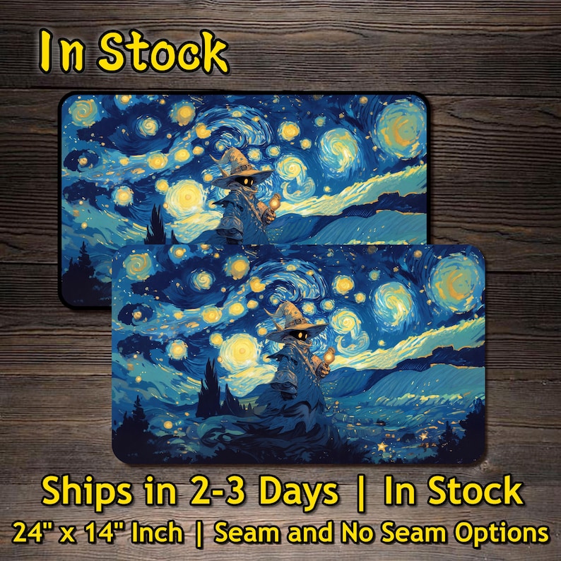 May include: Two rectangular mouse pads featuring a fantasy wizard in a starry night scene, with the text "In Stock". Each pad is 24 inches by 14 inches. The image has a dark blue and yellow color scheme.