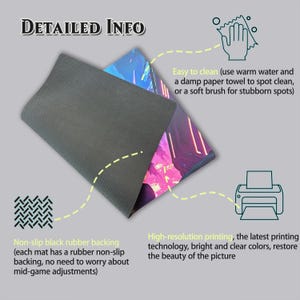 May include: A gaming mouse pad with a non-slip black rubber backing. The pad features high-resolution printing with bright colors. The image shows a colorful, abstract design. The text on the pad says "DETAILED INFO".