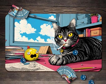 MTG Playmat, Smoking Cat Custom Play Mat, TCG Playmat with Zones - 24"x14"