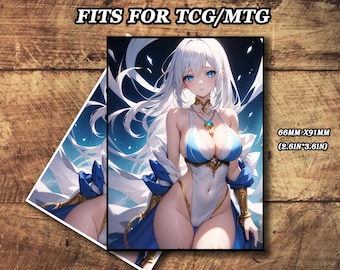 May include: A digital illustration of a woman with long white hair and blue eyes. She is wearing a blue and gold swimsuit with a gold necklace. The image is set against a dark blue background with white stars. The text "FITS FOR TCG/MTG" is at the top of the image. The text "66MM X 91MM (2.6IN' X 3.6IN)" is at the bottom right of the image.
