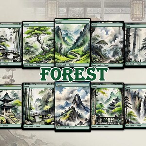 10 MTG Basic Lands Proxy, MTG Forest Proxy, cartes magiques personnalisées pour le commandant EDH, style encre de Chine ancienne