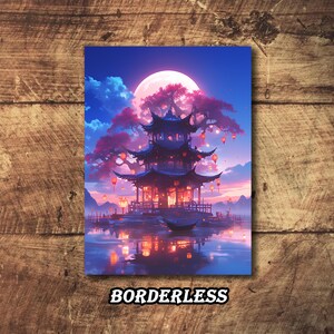 May include: A digital art print featuring a traditional Asian pagoda scene. The artwork showcases a pagoda with intricate details, surrounded by a vibrant landscape with a full moon, pink trees, and reflections in the water. The word "BORDERLESS" is at the bottom.