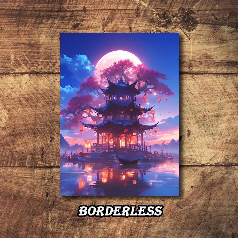 May include: A digital art print featuring a traditional Asian pagoda scene. The artwork showcases a pagoda with intricate details, surrounded by a vibrant landscape with a full moon, pink trees, and reflections in the water. The word "BORDERLESS" is at the bottom.