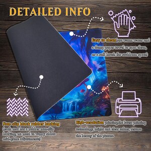 May include: A mousepad with a detailed info graphic. The mousepad has a black rubber non-slip backing and a high-resolution printed design with bright colors. The text says "Easy to clean" and "High-resolution printing".