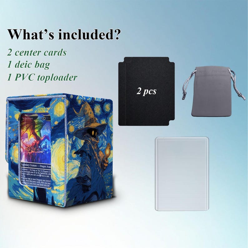 Puede incluir: Una caja de almacenamiento de cartas con un dise&ntilde;o de Noche Estrellada, un toploader de PVC, una bolsa gris con cord&oacute;n y dos fundas negras para cartas. La caja presenta una ilustraci&oacute;n de un mago y un drag&oacute;n. El texto dice "What's included?" y enumera los art&iacute;culos incluidos.