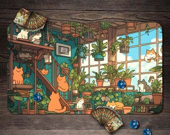 MTG Playmat, Illustration Cat Custom Play Mat, TCG Playmat with Zones - 24"x14"