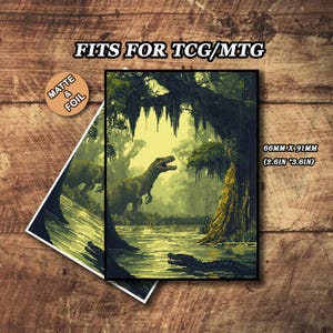 May include: A card featuring a pixelated illustration of a swamp scene with dinosaurs and an alligator. The card measures 2.6 inches by 3.6 inches. Text on the card reads "FITS FOR TCG/MTG" and "MATTE & FOIL".